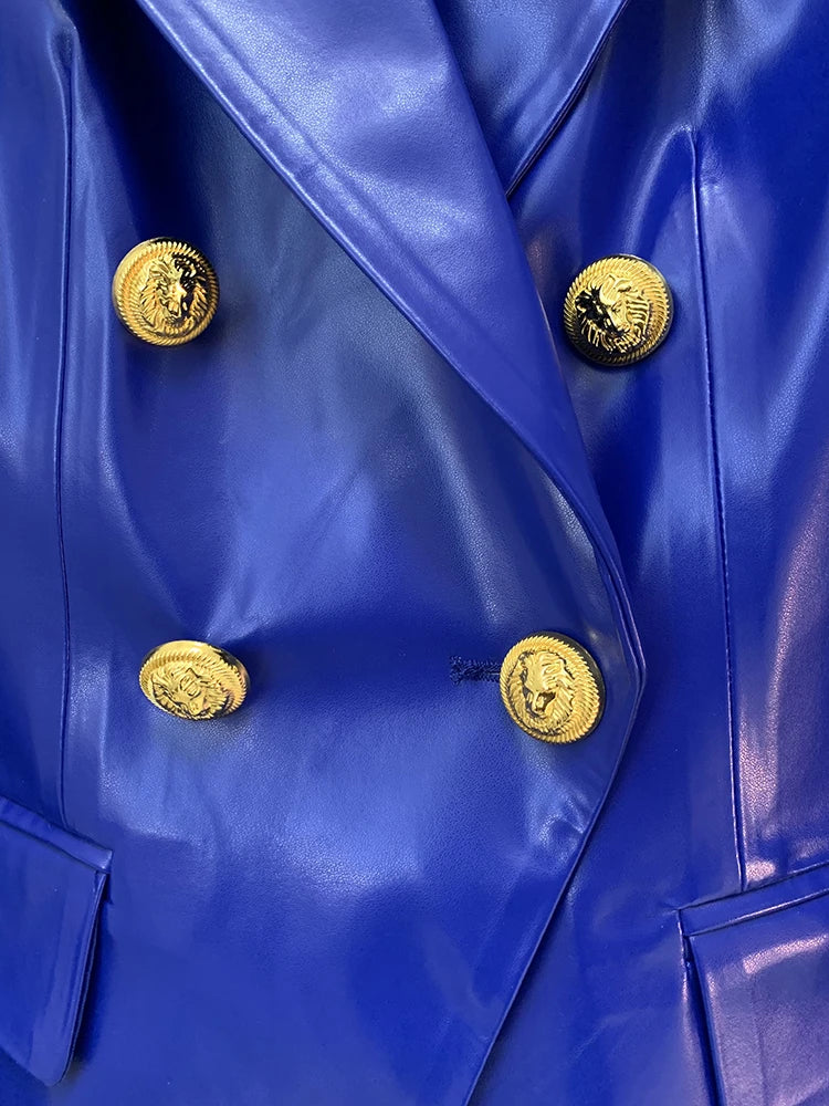 Double Breasted Slim Fitting Faux Leather Blazer