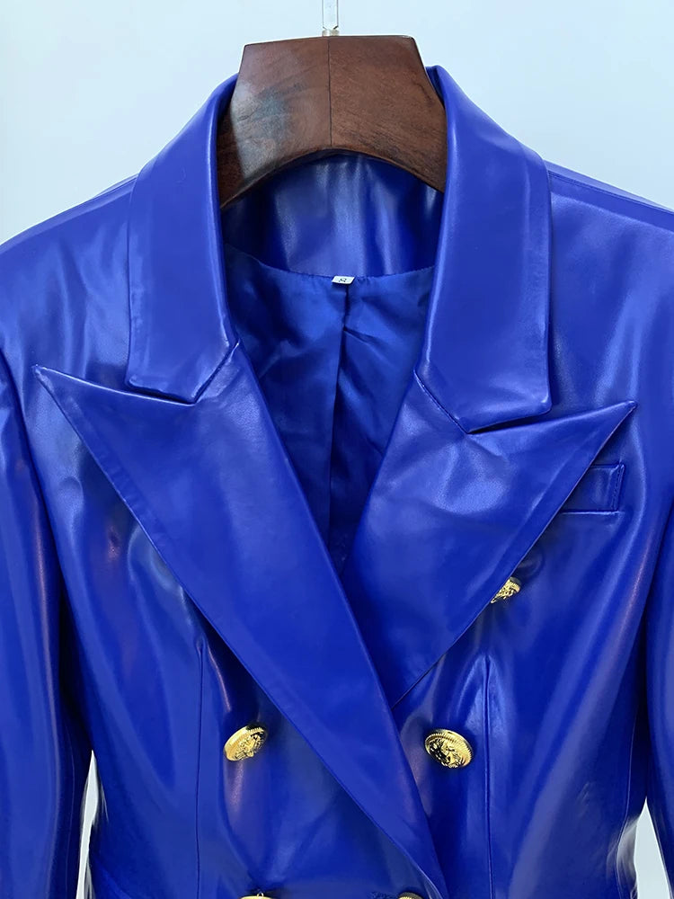 Double Breasted Slim Fitting Faux Leather Blazer