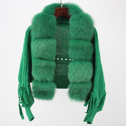 Short Warm Loose Knitted Jacket with Natural Fur Placket