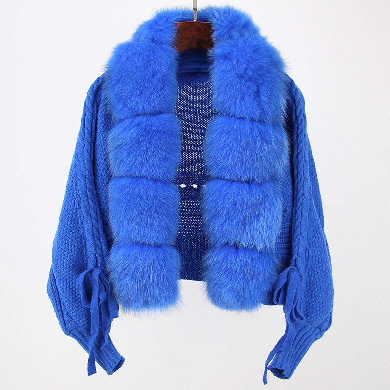 Short Warm Loose Knitted Jacket with Natural Fur Placket