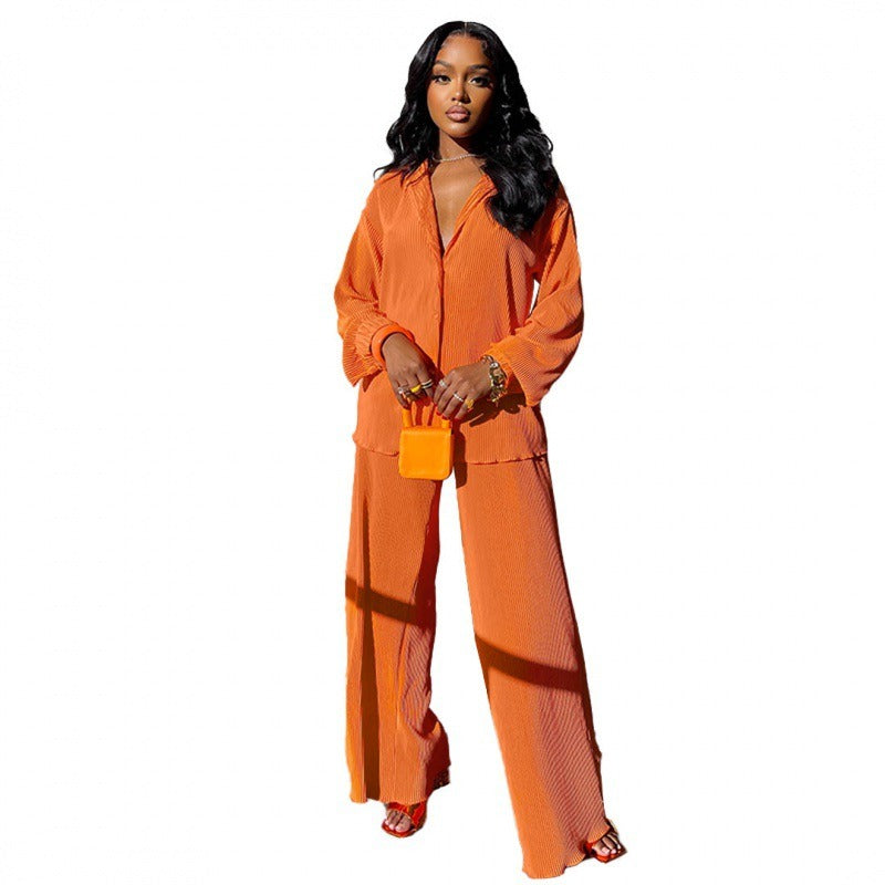 Long Sleeve Shirt Tops Wide Leg Pants Two Piece Set