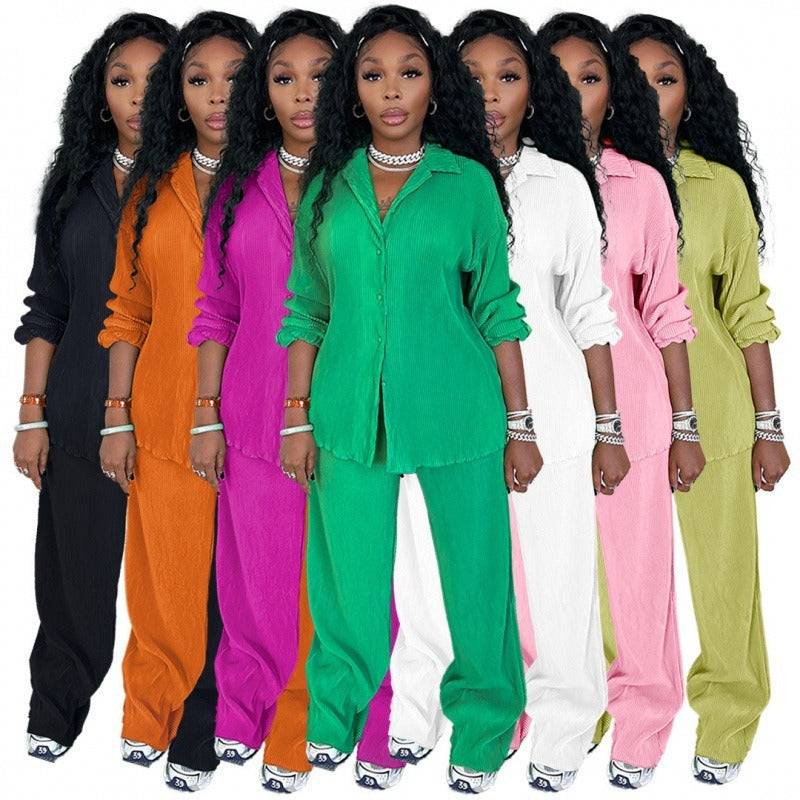 Long Sleeve Shirt Tops Wide Leg Pants Two Piece Set