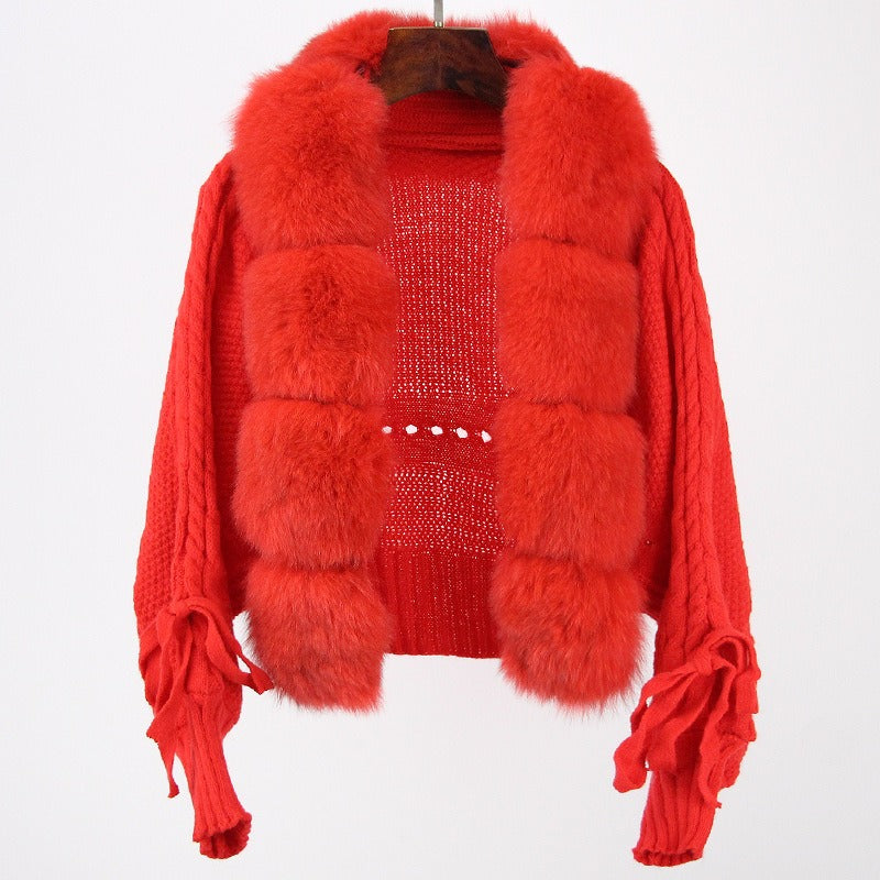 Short Warm Loose Knitted Jacket with Natural Fur Placket