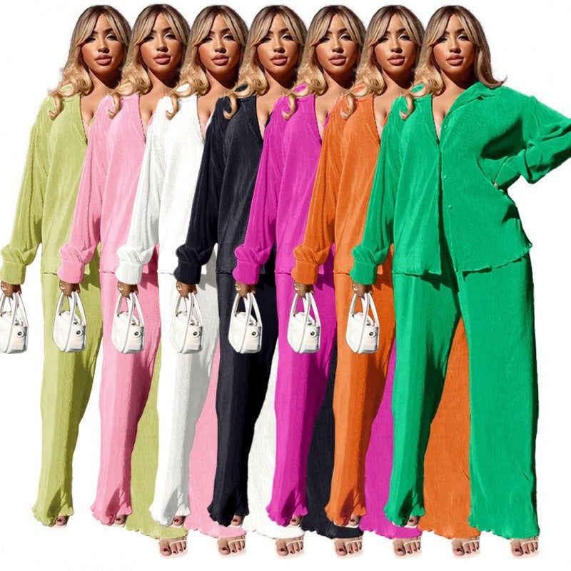 Long Sleeve Shirt Tops Wide Leg Pants Two Piece Set