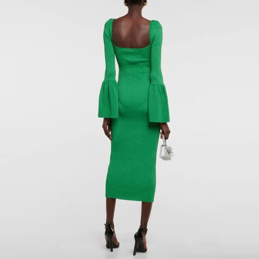 Square Collar Long Sleeve Hollow Out Backless Dress