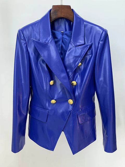 Double Breasted Slim Fitting Faux Leather Blazer