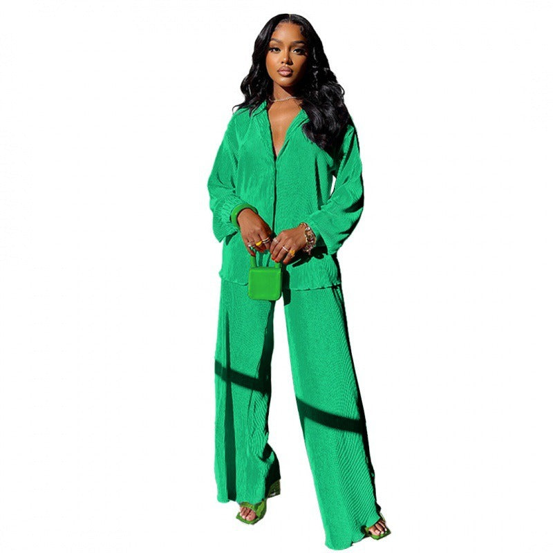 Long Sleeve Shirt Tops Wide Leg Pants Two Piece Set