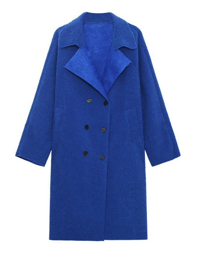 Loose Lambswool Blue Big Size Long Thick Jacket