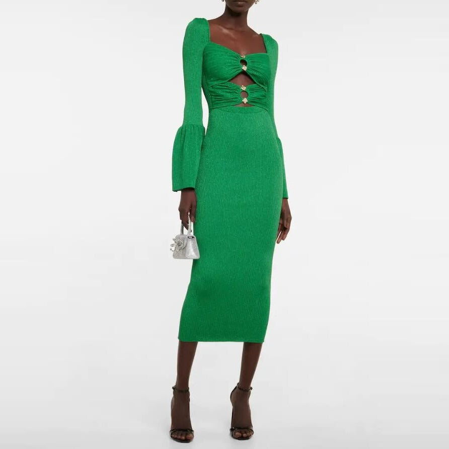 Square Collar Long Sleeve Hollow Out Backless Dress