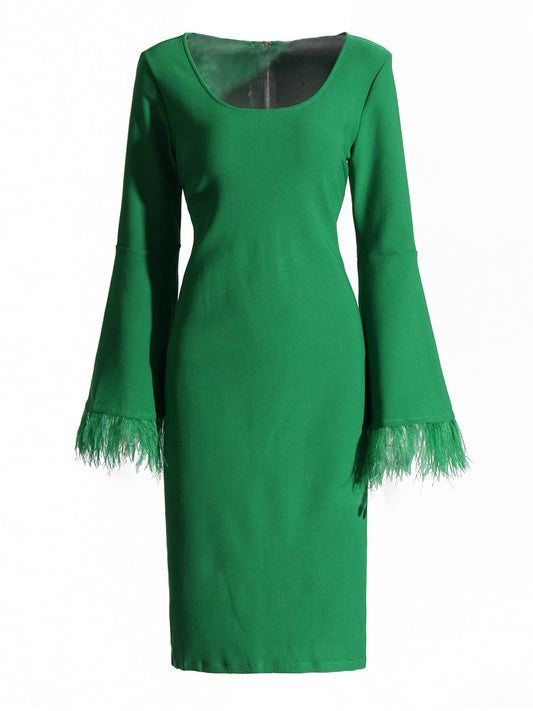 Solid Elegant Flare Sleeve Tunic Spliced Feather Slimming Dress