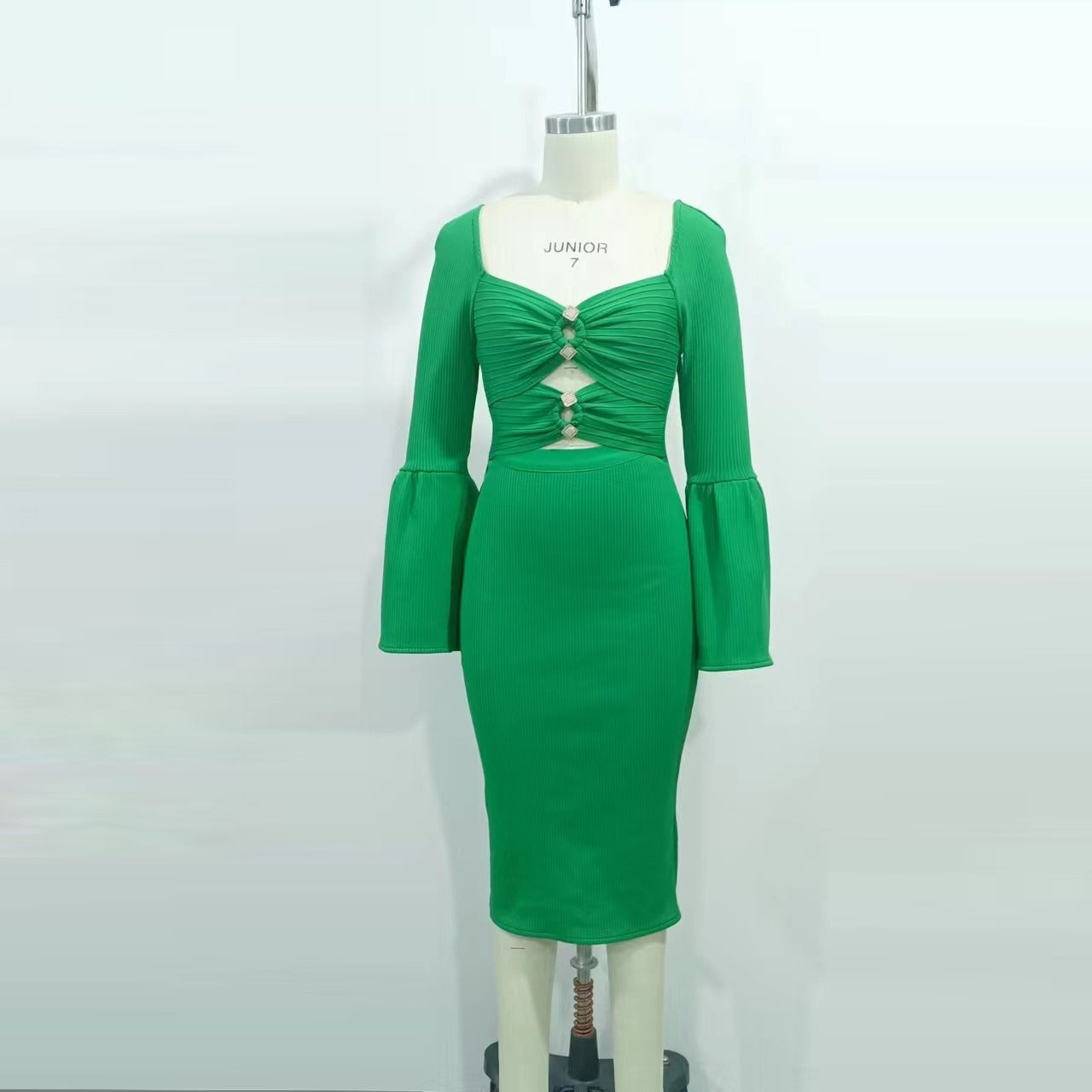 Square Collar Long Sleeve Hollow Out Backless Dress