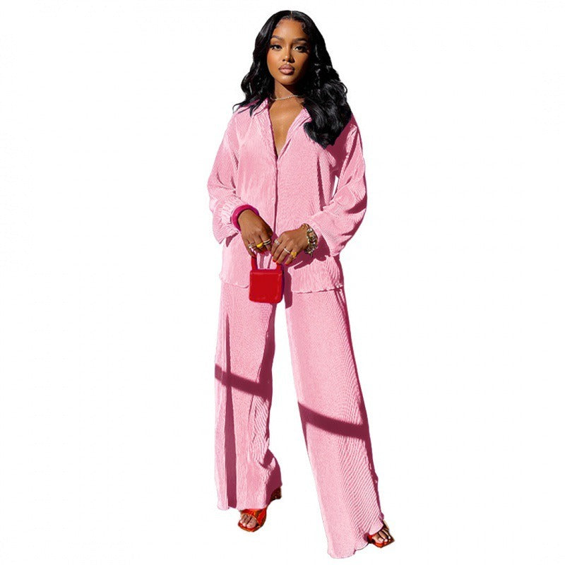 Long Sleeve Shirt Tops Wide Leg Pants Two Piece Set