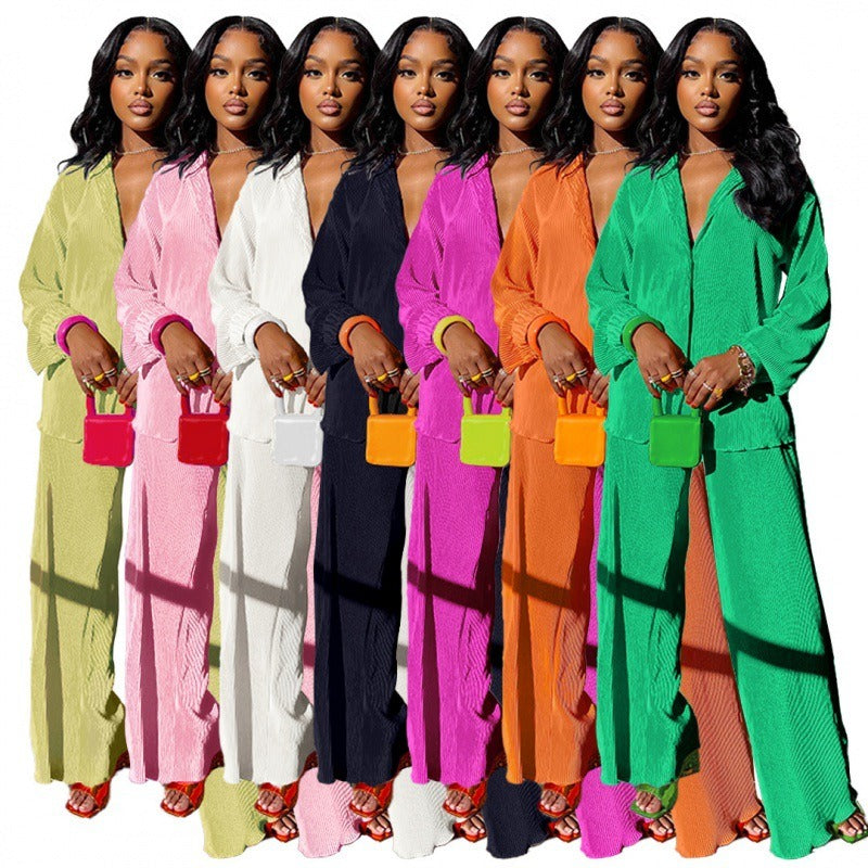 Long Sleeve Shirt Tops Wide Leg Pants Two Piece Set