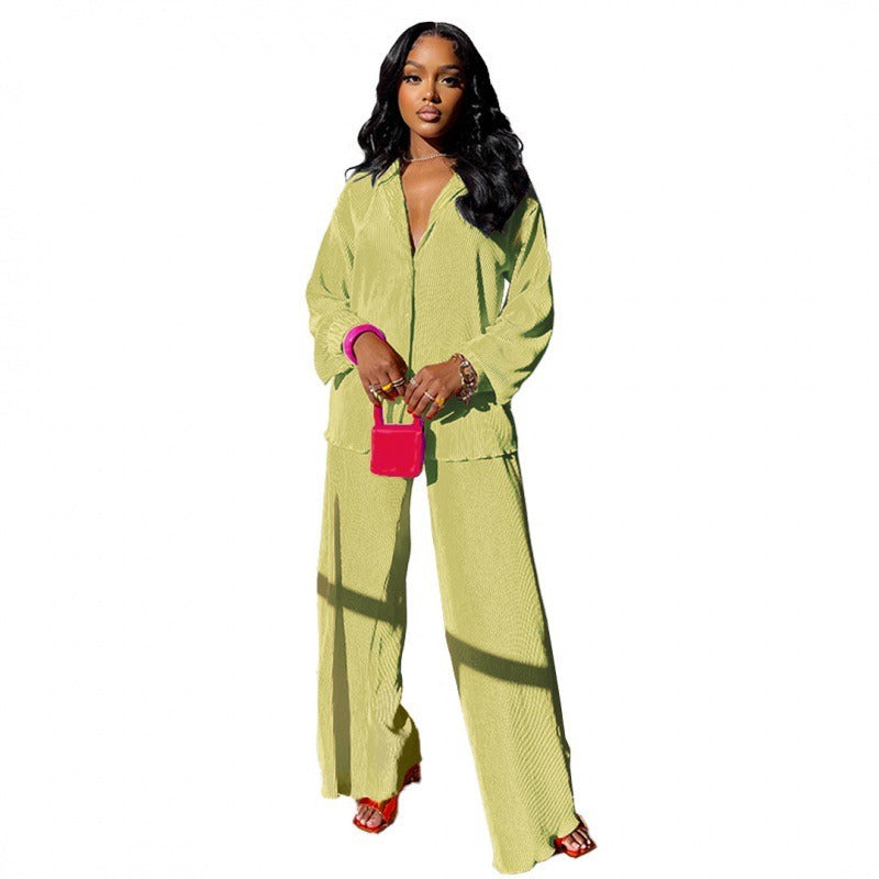 Long Sleeve Shirt Tops Wide Leg Pants Two Piece Set