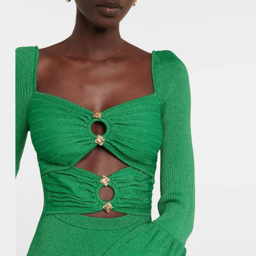 Square Collar Long Sleeve Hollow Out Backless Dress