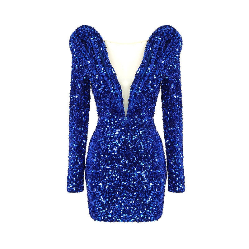 Sequined Long Sleeve V-Neck Bandage Dress