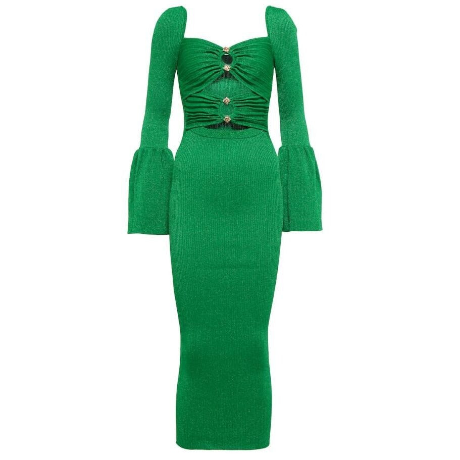 Square Collar Long Sleeve Hollow Out Backless Dress