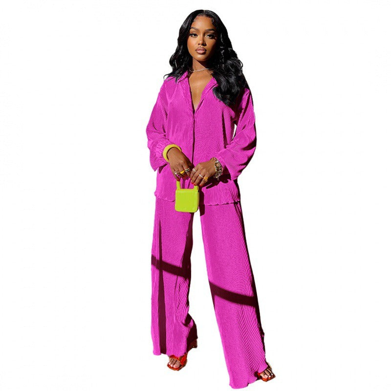 Long Sleeve Shirt Tops Wide Leg Pants Two Piece Set