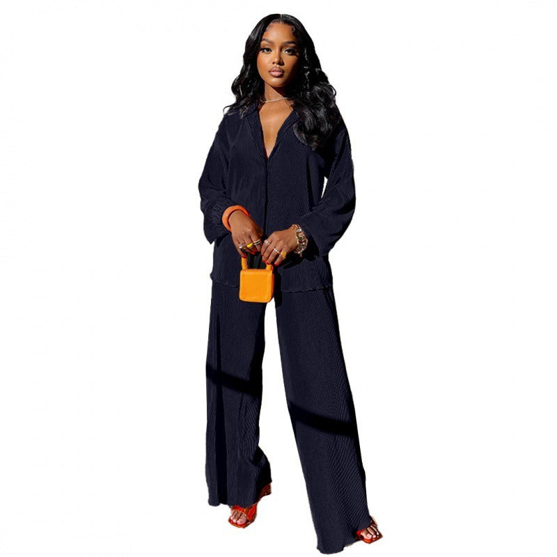 Long Sleeve Shirt Tops Wide Leg Pants Two Piece Set