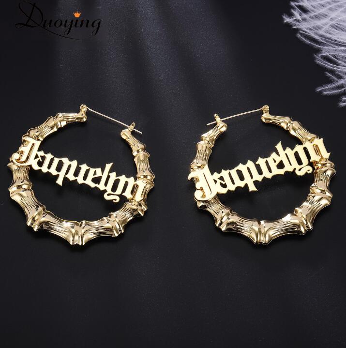 Stainless Steel Bamboo Hoop Earrings Customize Name